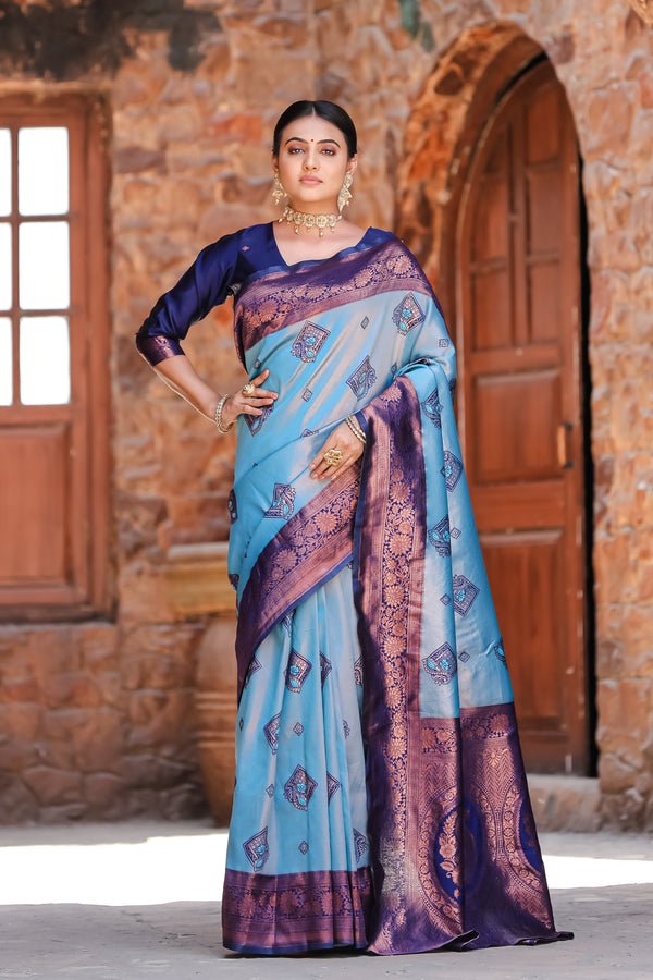 Women's Kanjivaram Silk Banarasi Zari Design Saree With Blouse Piece