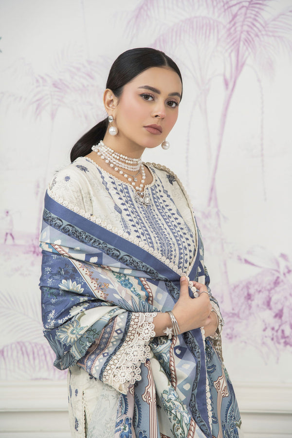 "Elegant Blue & White Embroidered Lawn Suit with Printed Dupatta – Festive Pakistani Ethnic Wear for Women"