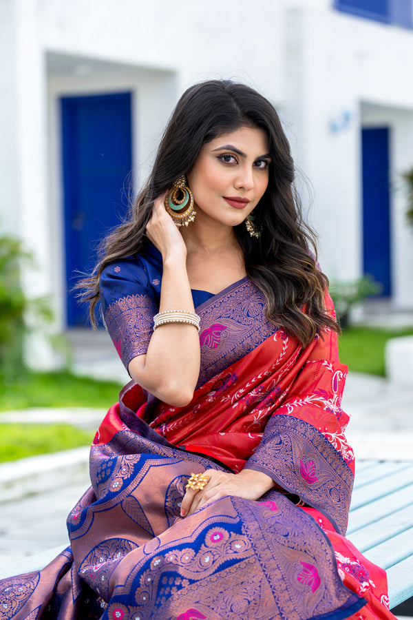 Women's Kanjivaram Silk Banarasi Zari Design Saree With Blouse Piece