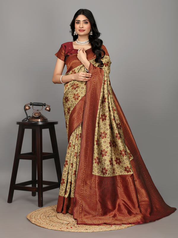 Women's Kanjivaram Silk Banarasi Zari Design Saree With Blouse Piece