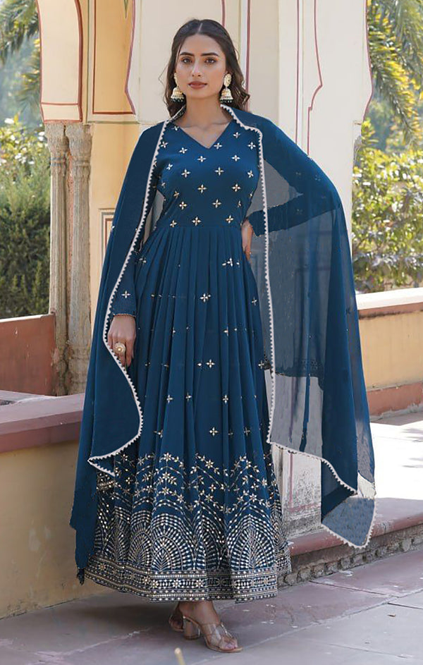 Embroidered Georgette Stitched Anarkali Gown With Dupatta