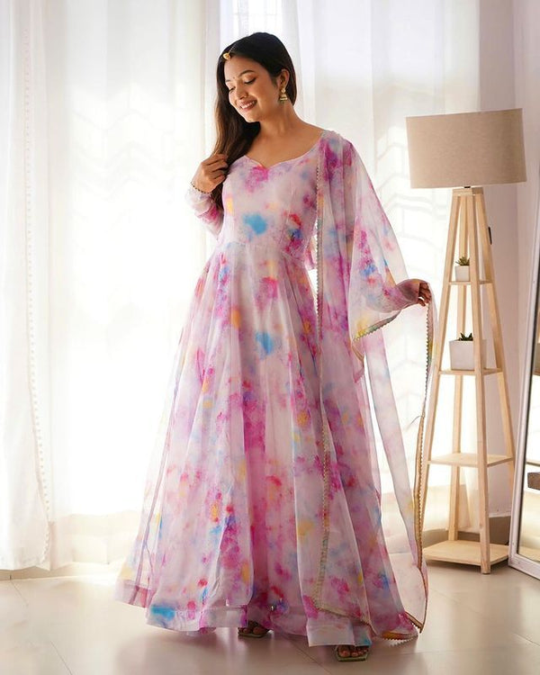 Printed Georgette Stitched Anarkali Gown With Duptta