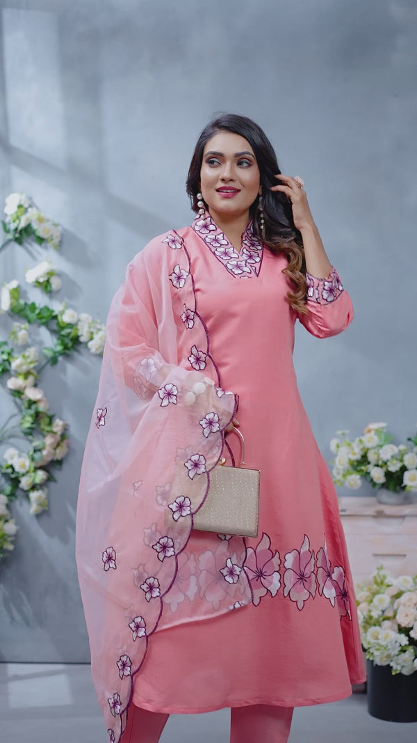 "Premium Quality Women's Pink Cotton Kurti Pant Set with Embroidered Dupatta | Elegant Floral Design Ethnic Wear"