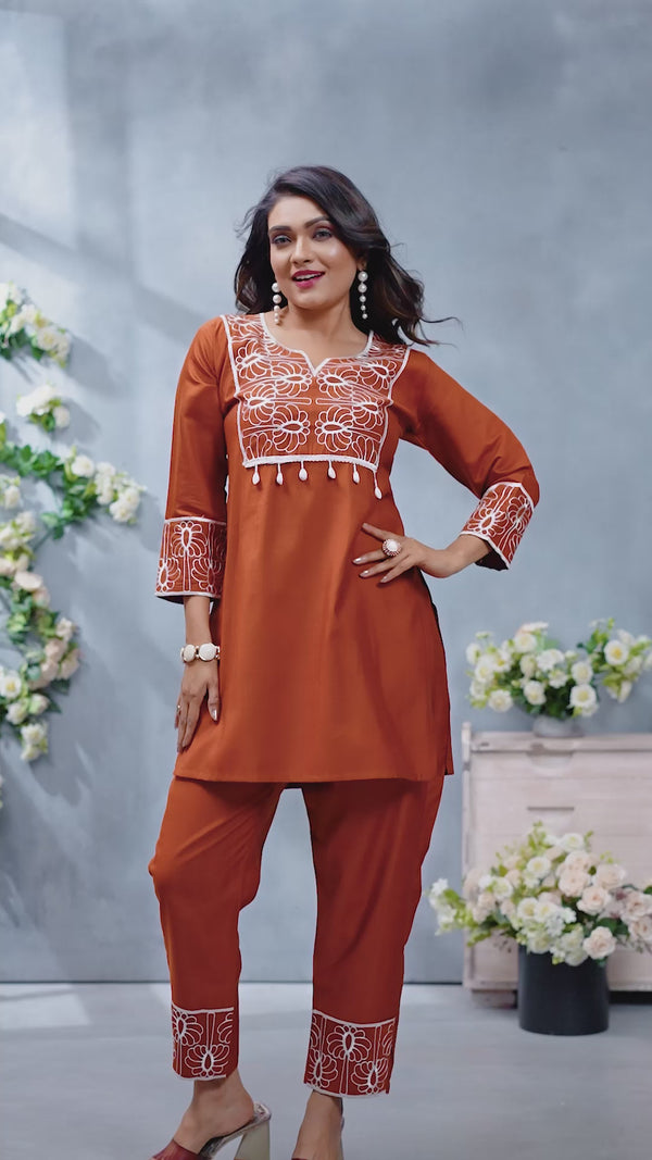"Premium Quality Women's Brown Cotton Linen Kurti Pant Set with White Floral Embroidery | Stylish Ethnic Co-ord Set"