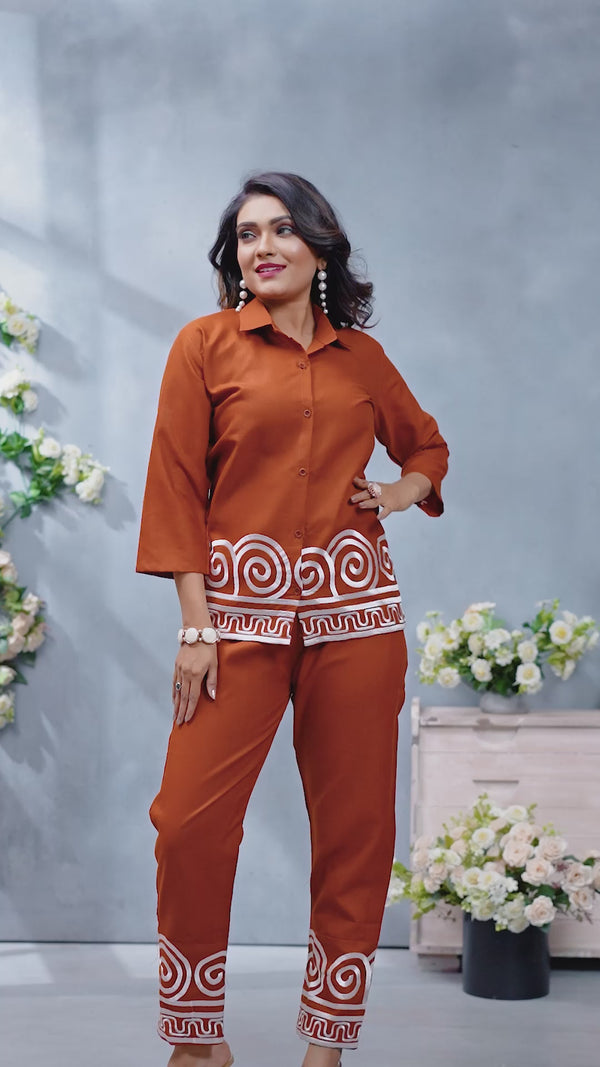 "Premium Quality Women's Brown Co-ord Set with White Embroidered Detailing | Stylish Cotton Blend Shirt & Pant Set"