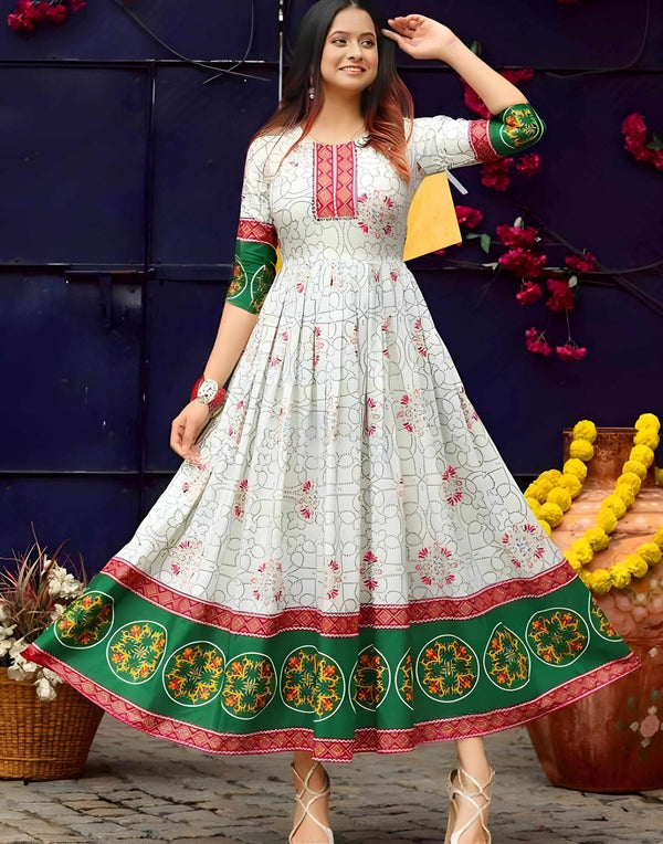 White flared Embroidery Cotton Long Anarkali Gown