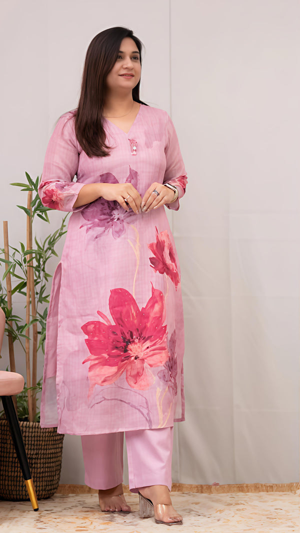Vastrika Women's Chanderi Cotton Straight Printed Kurta with Pant