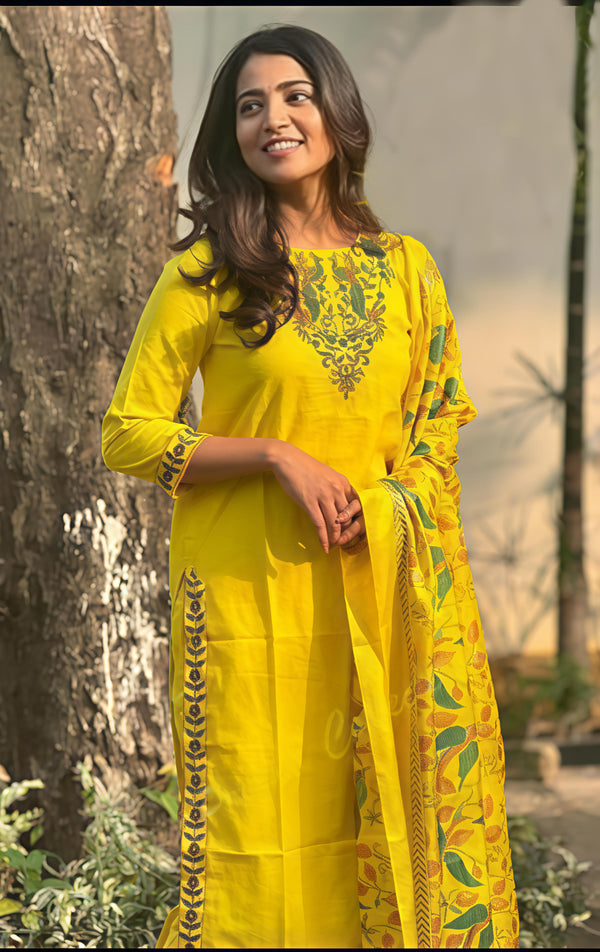 Yellow Viscose Rayon Kurti Set
