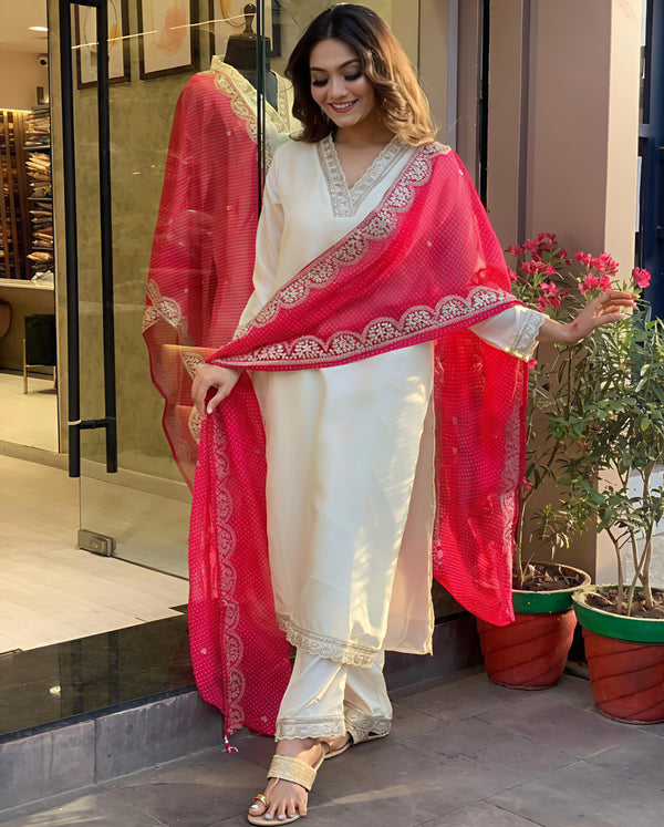 Off White Thread Work Chanderi Kurta Set