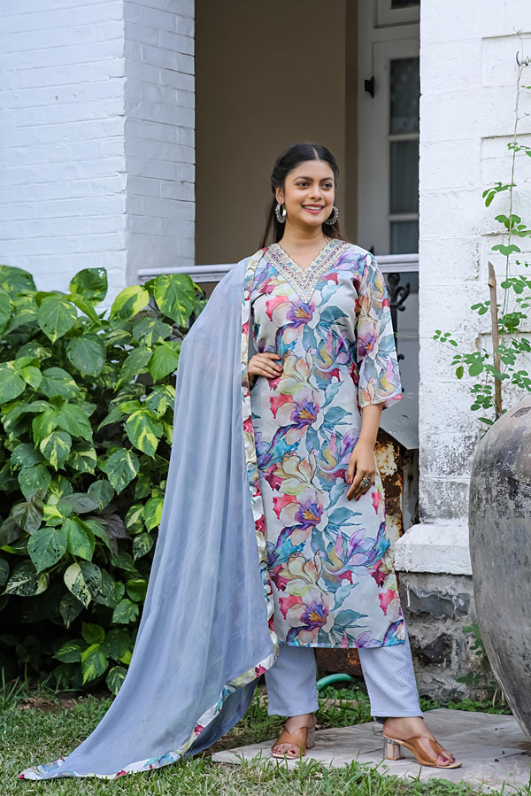 Women's Teby Silk Embroidered and Printed Straight Kurta with Teby silk Pant and  Dupatta Sets