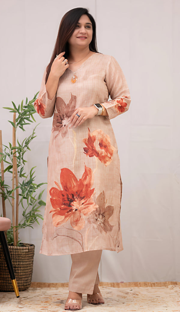 Women's Chanderi Cotton Straight Printed Kurta with Pant
