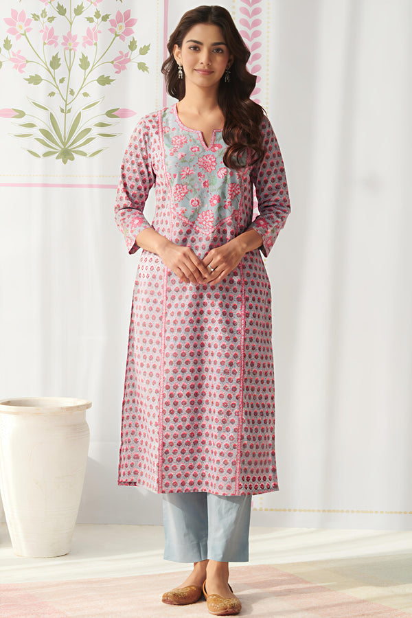 Vastrika Blue & Pink Floral Printed Cotton Kurta with Trouser