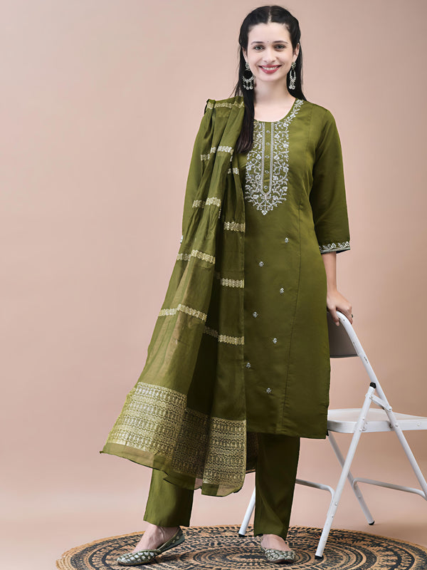 Embroidered Work Chanderi Viscose Fabric Straight Kurta, Pant and Dupatta Set