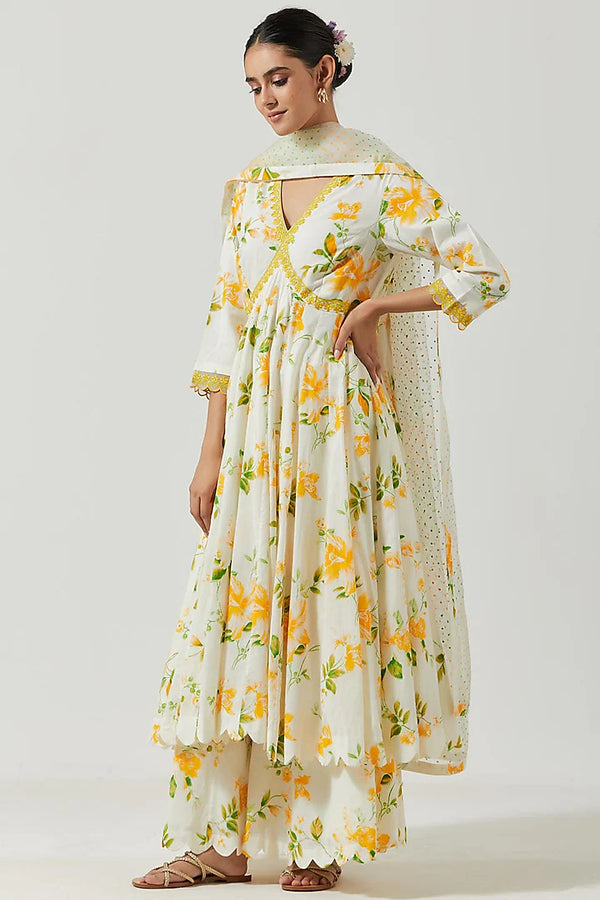 "Women's ivory & Yellow Floral Printed Cotton Anarkali Kurti, Plazzo with Dupatta – Ethnic Wear for Festive & Casual"