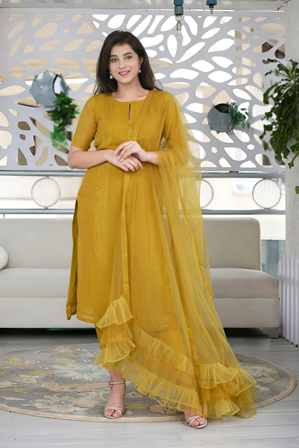 Woman's Sequence Embroidered Work Kurta with Trouser/Pant & Dupatta Set