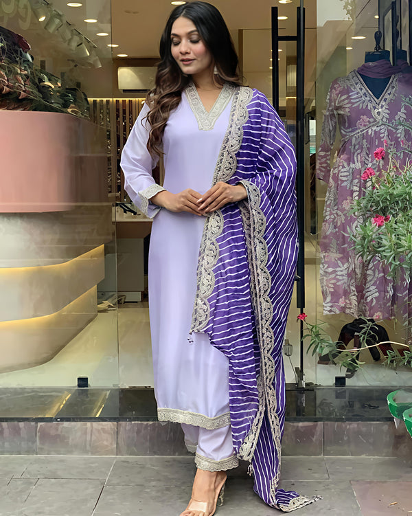 Vastrika Women's Cotton Blend Embroidered Straight Kurta with Cotton Blend Pant and Silk Blend Laced Dupatta Sets