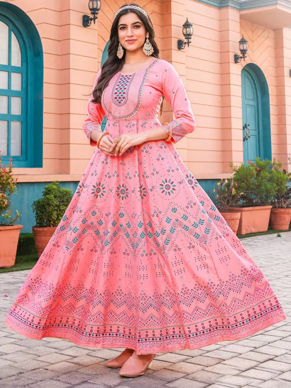 Rayon Printed Long Anarkali Gown With Embroidery Work Party Wear Gown