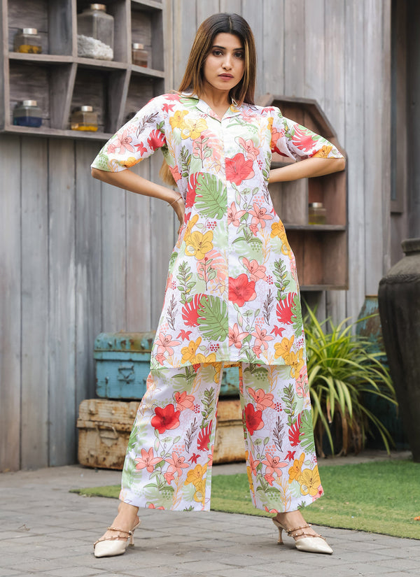 Floral Print On White Cotton Co-Ord Set