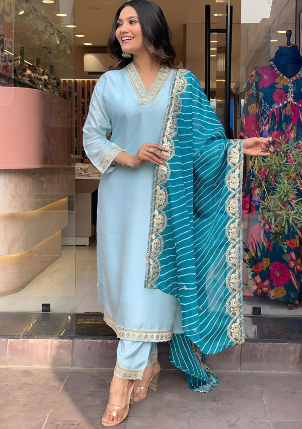 Women's Cotton Blend Embroidered Straight Kurta with Cotton Blend Pant and Silk Blend Laced Dupatta Sets