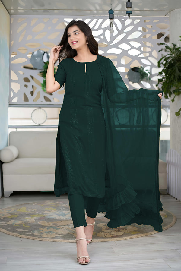 Woman's Sequence Embroidered Work Kurta with Trouser/Pant & Dupatta Set