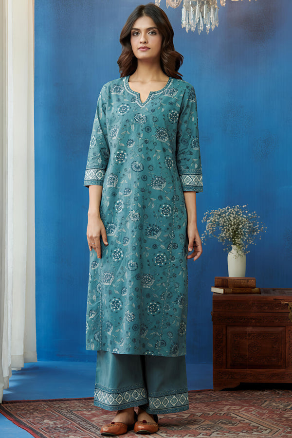 Vastrika Women, Light Blue, Ethnic Printed & Embroidered Straight Kurta with Pants