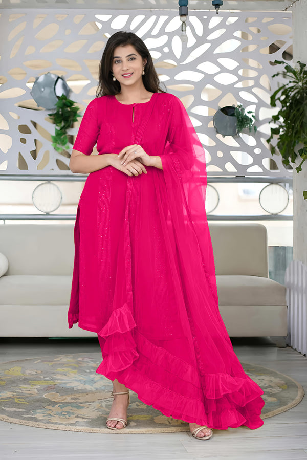 Woman's Sequence Embroidered Work Kurta with Trouser/Pant & Dupatta Set