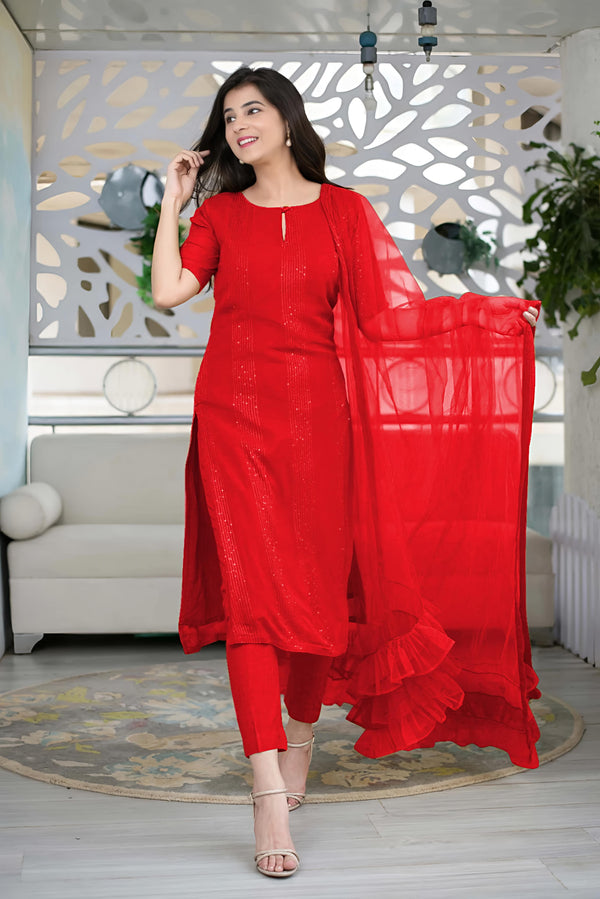 Woman's Sequence Embroidered Work Kurta with Trouser/Pant & Dupatta Set