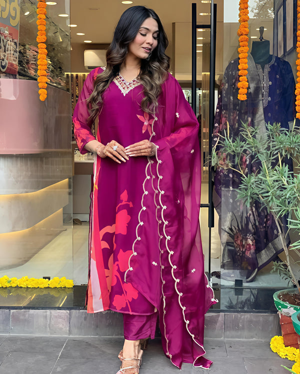 Women's Cotton Blend Straight Printed Kurta with Pant & Dupatta