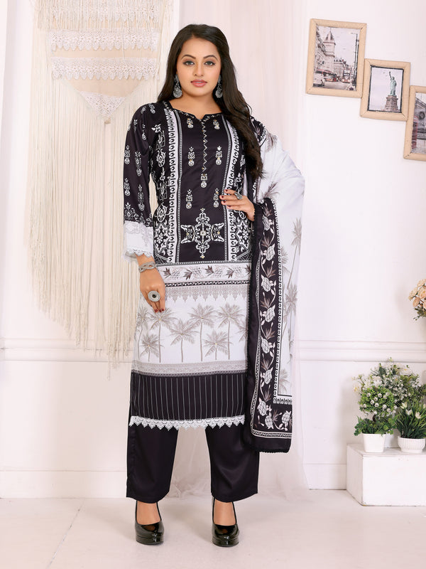 Women’s Premium Quality Black & White Embroidery & Printed Kurti Set with Dupatta – Vastrika