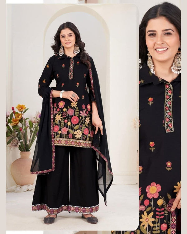 "Women's Black Floral Embroidered Kurti with Palazzo & Dupatta – Stylish Ethnic Wear Set"