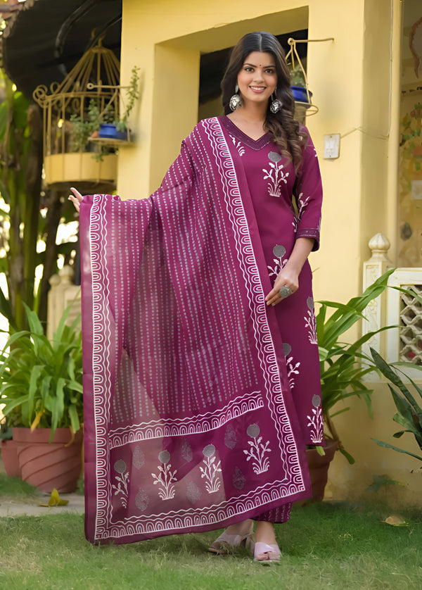 Women's Cotton Straight Printed Kurta And Pant Set With Dupatta | Ethnic Set | Dupatta Set | Suit Set | Kurta Set | Wedding Suit