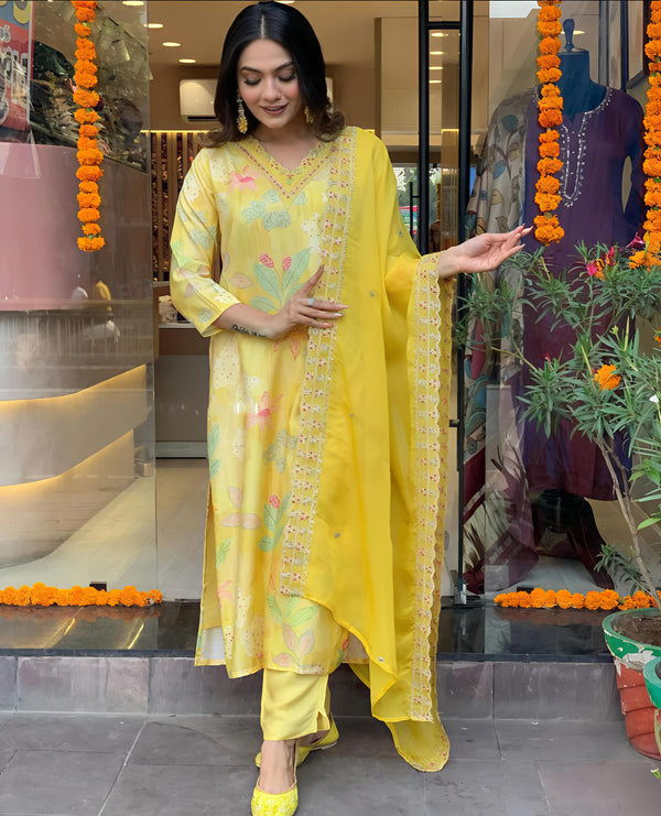 Women's Reyon Solid 3/4 Sleeve Round Neck Embroidered Kurta, Pant and Dupatta -