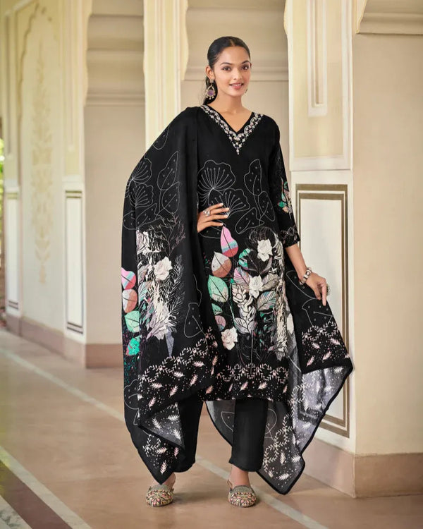 "Women's Black Floral Printed Embroidery V-Neck Kurta with Pant & Embroidered Dupatta - Elegant Festive Wear Set"