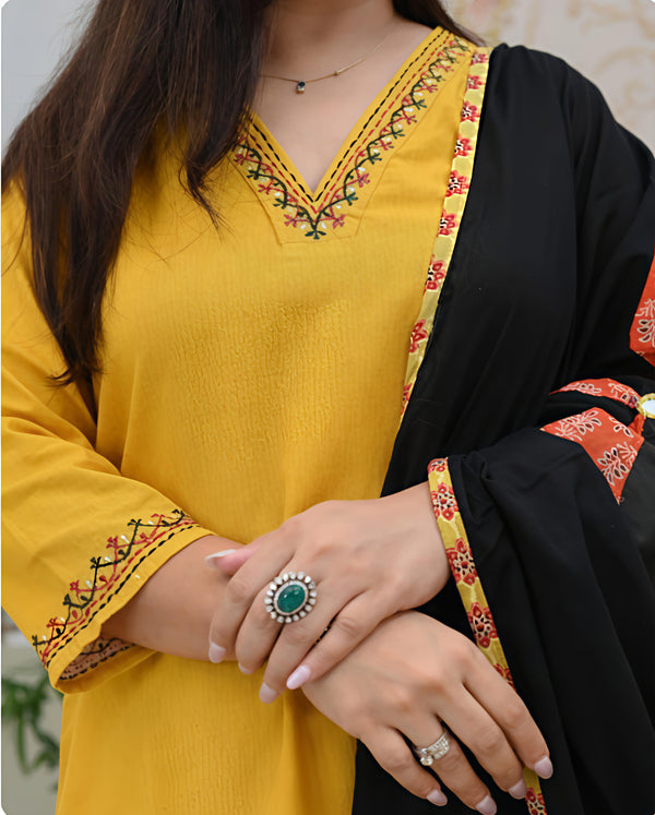 Women's Black Color Cotton Embroidery Kurta Set with printed dupatta 3pcs set