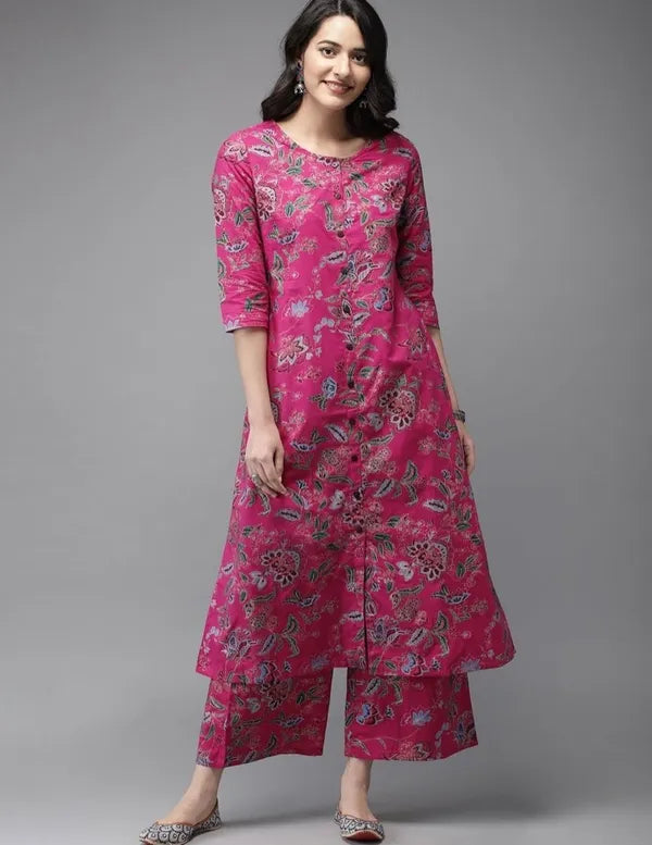 Pink Pure Cotton Kurti With Plaza Set