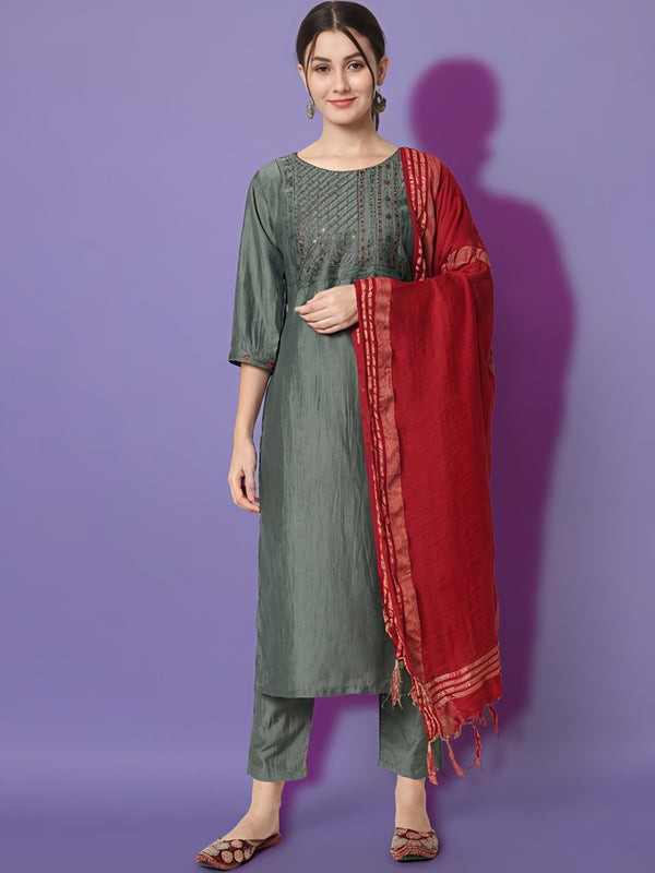 Women's Silk Blend Kurta & Trousers Pant with Viscose Print Dupatta