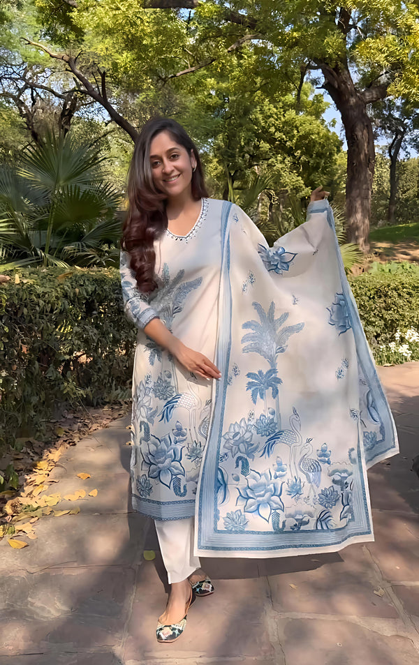 Vastrika Women Cotton Block Printed Kurta Pant With Dupatta