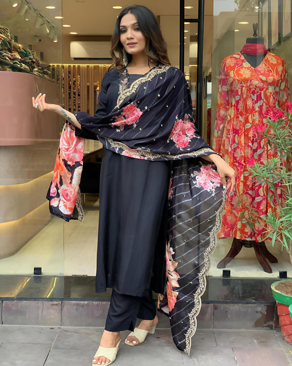 Women Muslin Embroidery Kurta and Pant Set with Dupatta