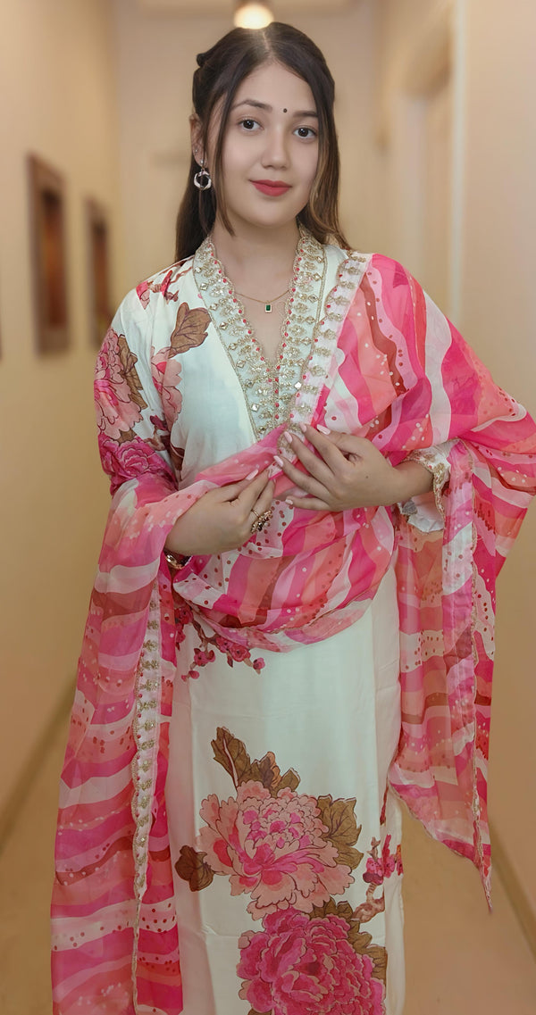 OFF-WHITE FLORAL PRINT 3 PC MUSLIN SUIT