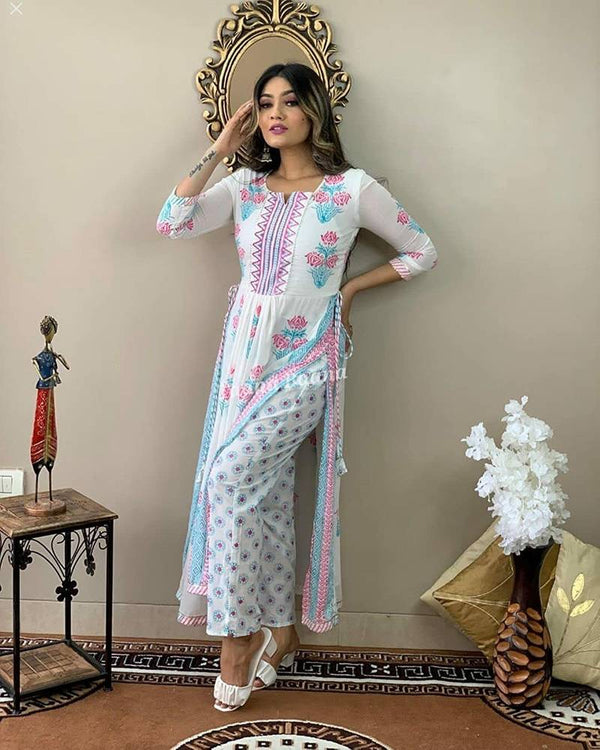 Printed Naira Cut Kurti With Pant Set Rayon (White) Stitched