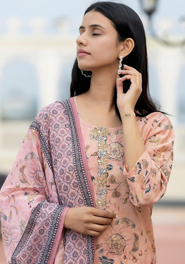 Peach Floral Printed Modal Teby cotton Suit Set